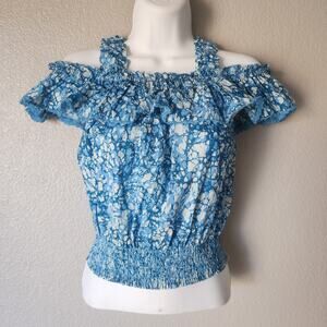 House of Harlow 1960 Martine Blue Print Ruffle Off The Shoulder Smocked Top